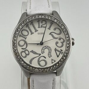 Guess Watch Women 37mm Case Pave Bezel G75960L White Leather- New Battery